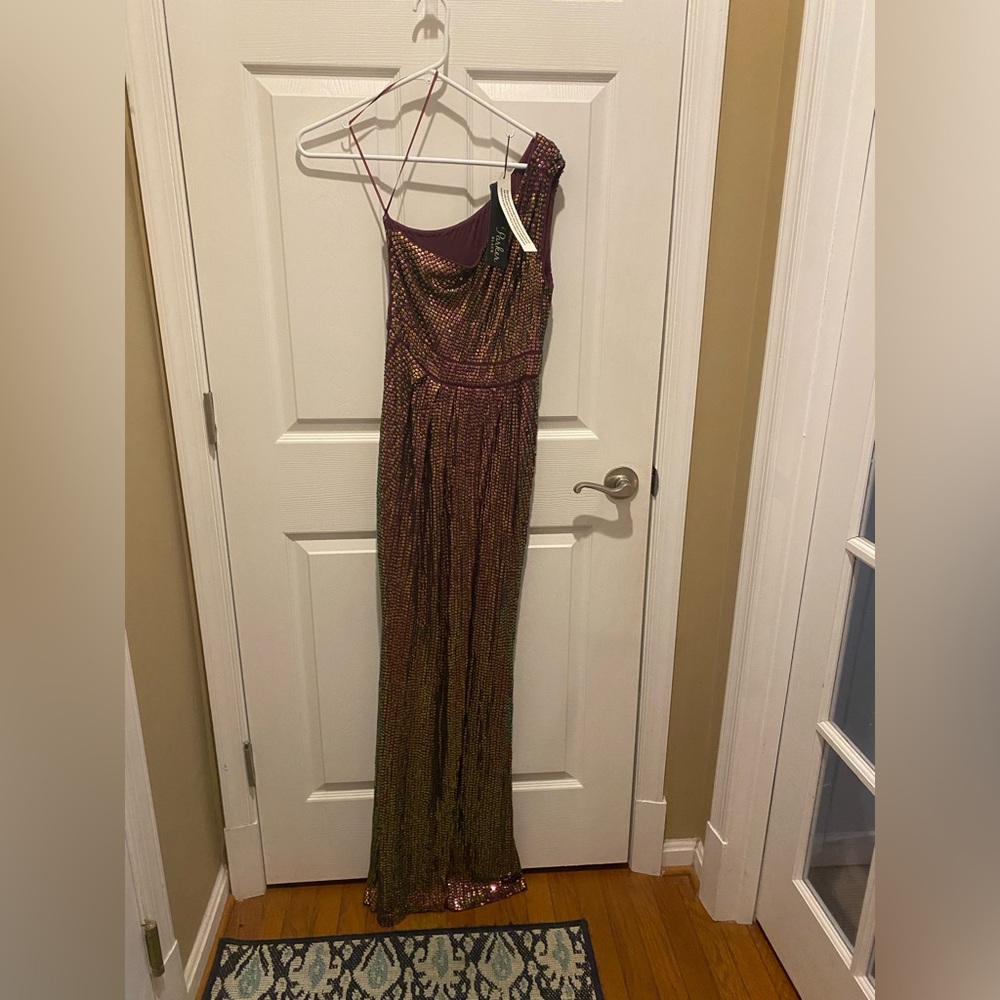Parker Black Iridescent Sequin One Shoulder Floor Length Dress Size 2